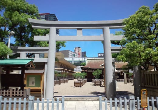 Stone torii at the entrance of Imamiya Ebisu Shrine in Shinsekai, Osaka