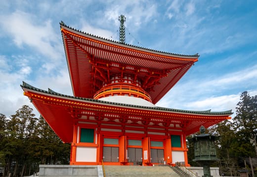 Red Konpon Daito pagoda in the Danjo-garan temple complex on Koyasan
