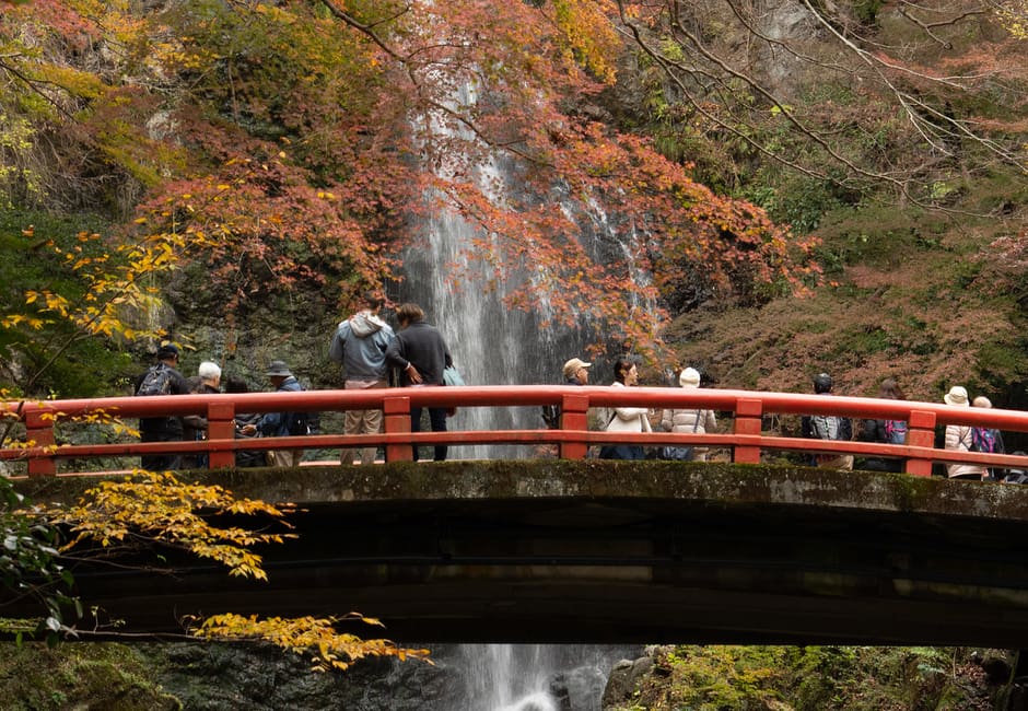 Red bridge below Minoo Falls in autumn colours