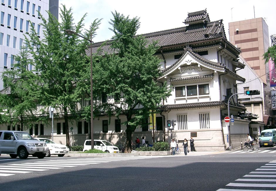 Traditional tiled-roof main hall of Mitsutera temple seen from across the street in daylight